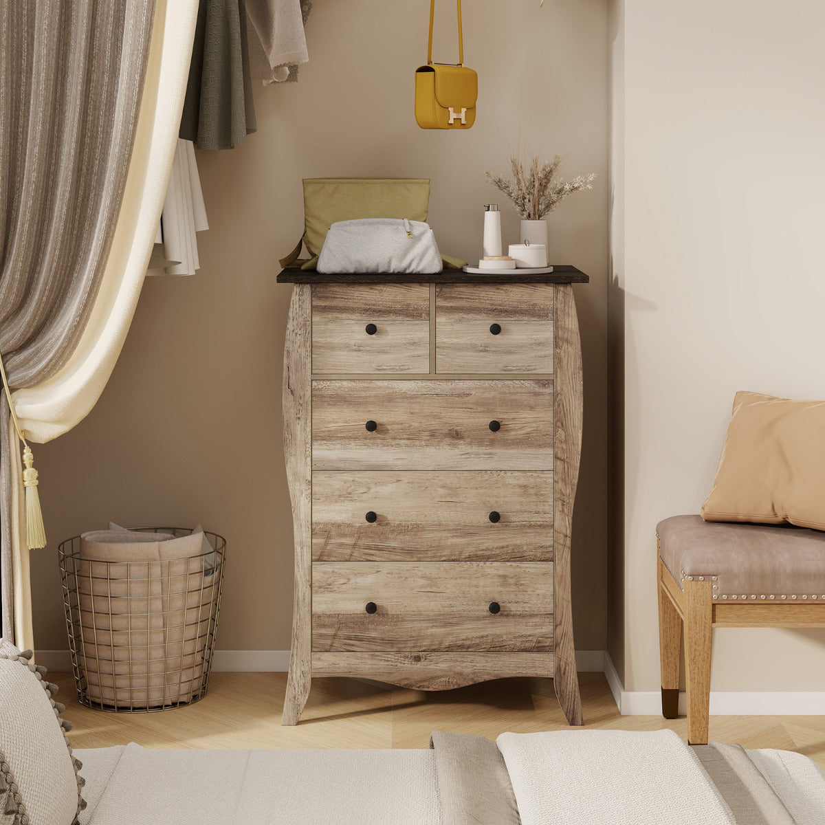 Cómoda de 5 Gavetas de Tecido Dobrável para Quarto Organizador de Estilo Rústico Marrom