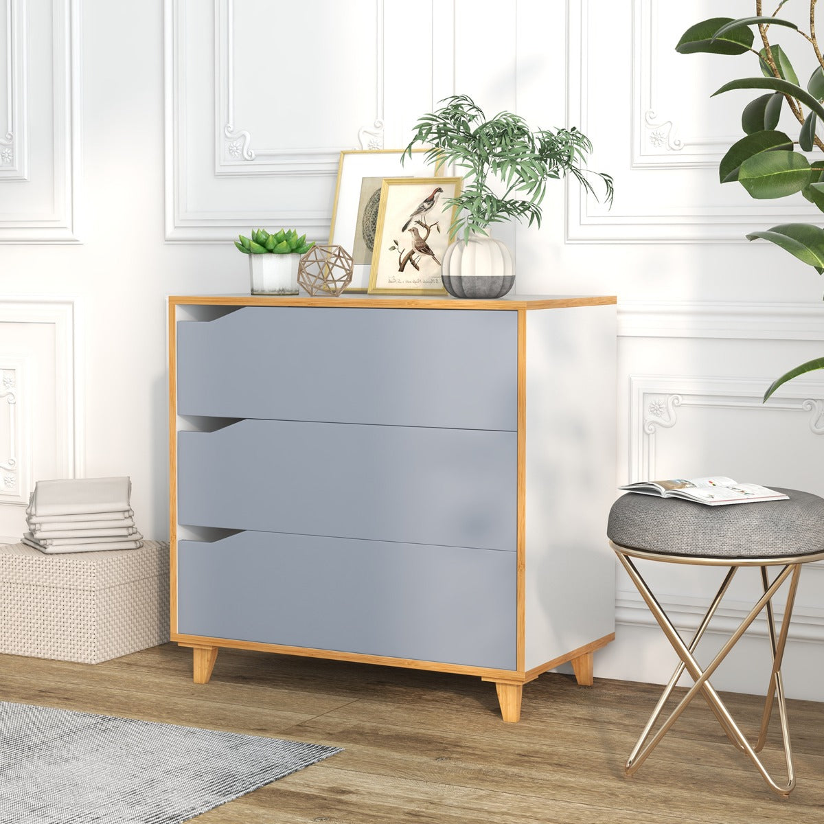 Cómoda de 3 Gavetas Mesas de Cabeceira com Pegas Integradas Dispositivo Antivuelco para Corredor Entrada Quarto 75 x 42 x 75 cm Cinzento