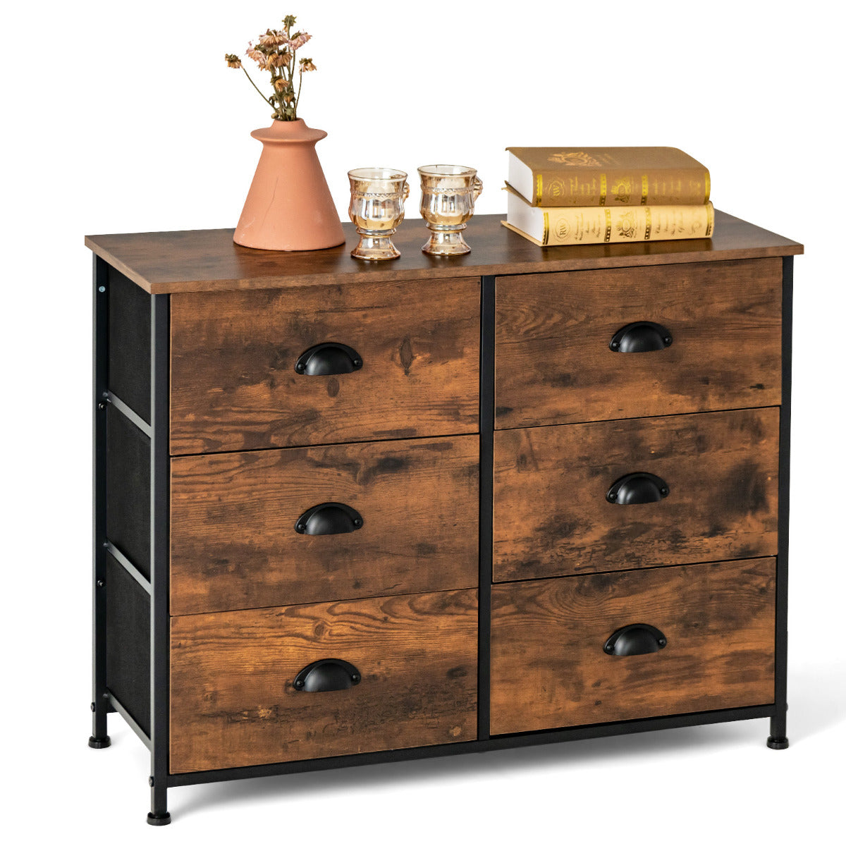 Cómoda Organizadora 6 Gavetas de Tecido Dobráveis 3 Níveis Estrutura em Aço para Sala de Estar Quarto 80 x 30 x 63 cm Castanho