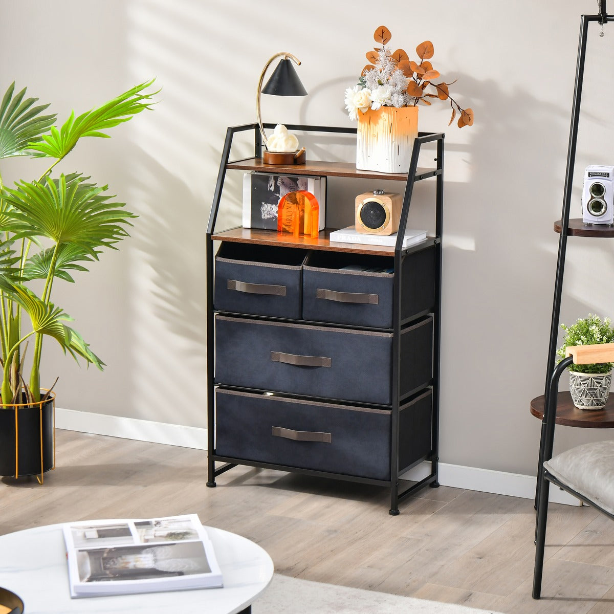 Cómoda de 4 Gavetas em Tecido Aparador com 2 Prateleiras Anti-Tombo e Armário Cómoda para Quarto Hall de Entrada 58 x 29 x 100 cm Castanho
