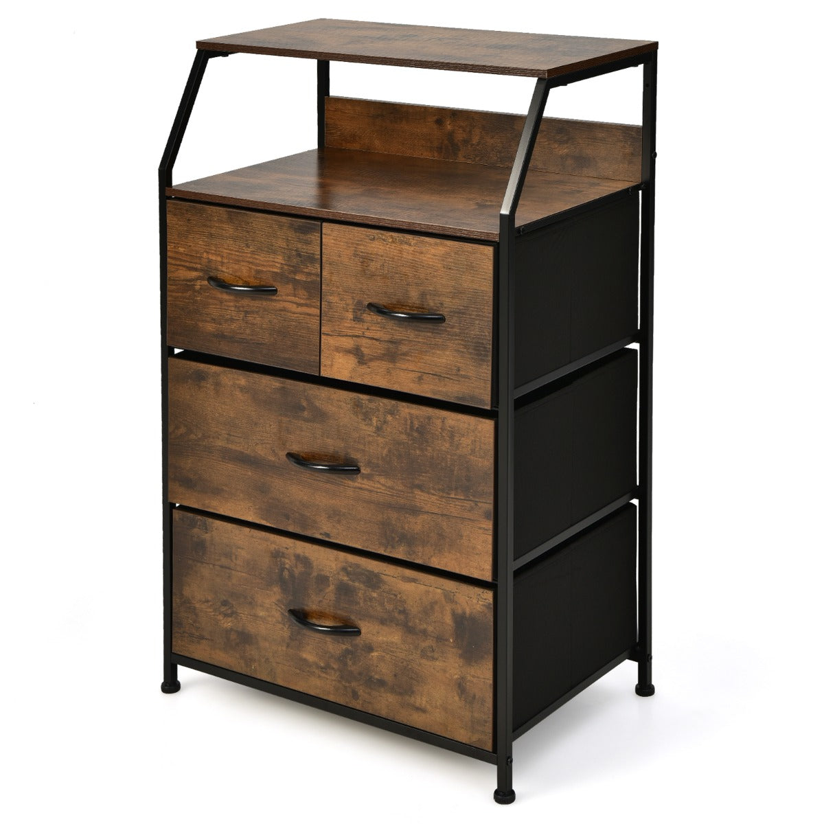 Cómoda de 4 Gavetas com Estante e Gavetas de Tecido Organizador de Armazenamento Industrial para a Sala de Estar 60 x 39 x 96 cm Castanho