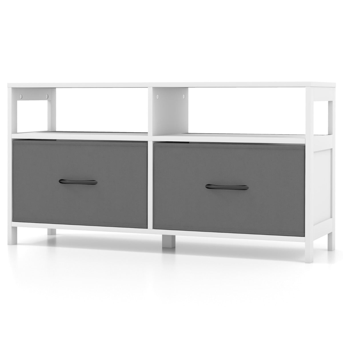 Cómoda com 2 Gavetas Móvel de TV até 45” com 2 Estantes Abertos e Contentores de Tecido para Quarto Sala de Estar Domitório Branco