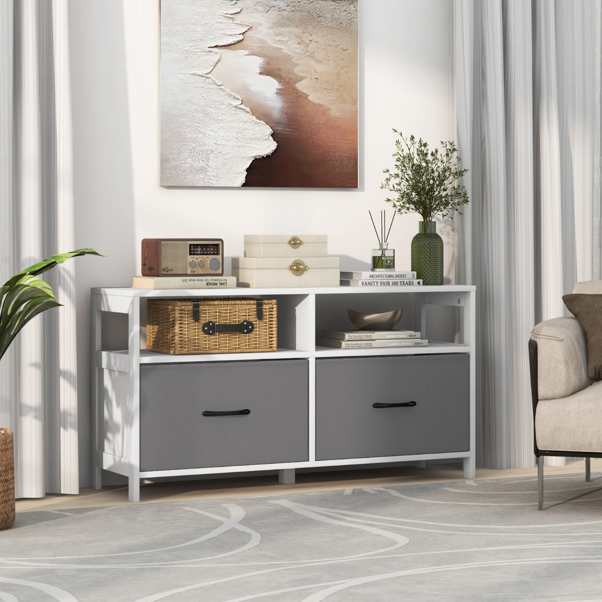 Cómoda com 2 Gavetas Móvel de TV até 45” com 2 Estantes Abertos e Contentores de Tecido para Quarto Sala de Estar Domitório Branco