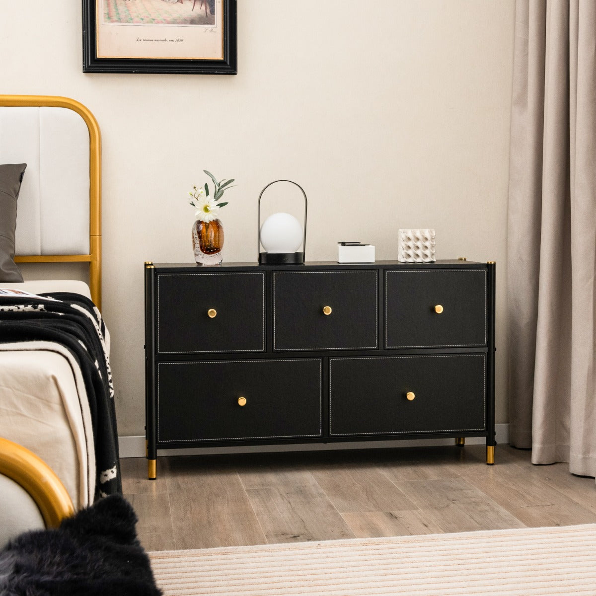 Cómoda de 5 Gavetas em Tecido com Estrutura de Metal para Quarto Sala de Estar e Corredor 100 x 30 x 58,5 cm Preto