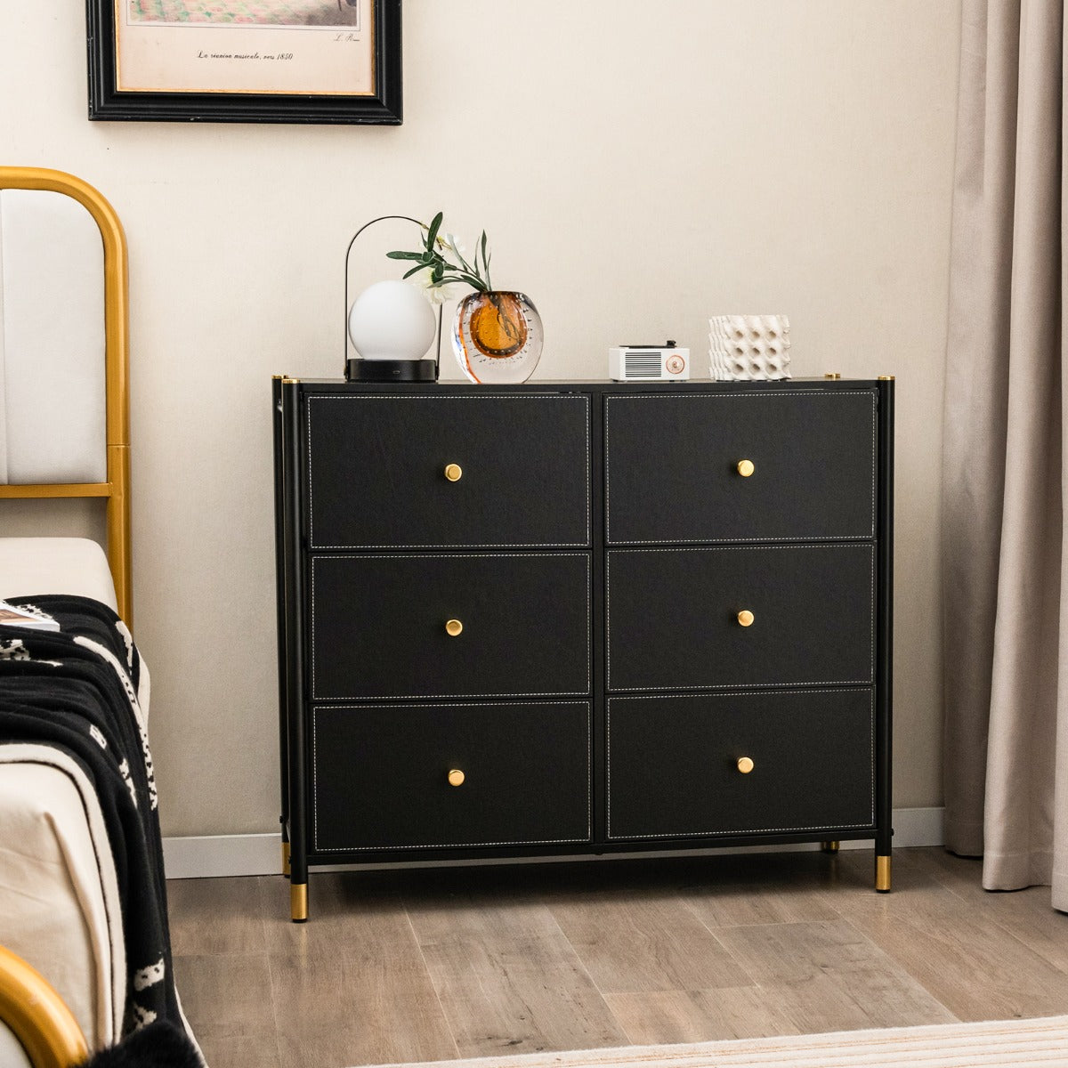 Cómoda de 6 Gavetas em Tecido com Estrutura de Metal para Quarto, Sala de Estar e Corredor 89 x 30 x 76,5 cm Preto