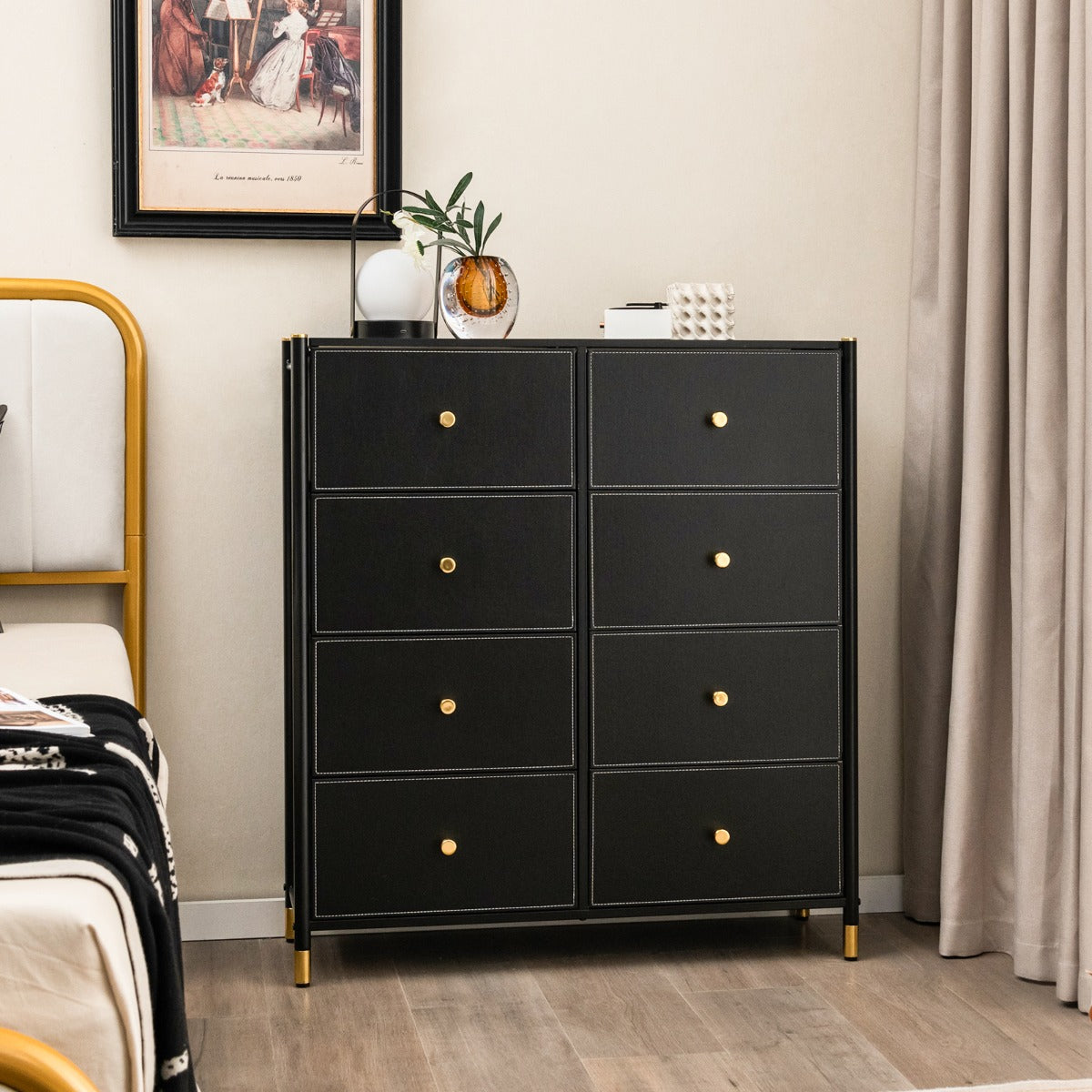 Cómoda com 8 Gavetas Estrutura em Metal Móvel de Armazenamento em Tecido para Quarto, Sala de Estar e Corredor 89 x 30 x 98 cm Preto