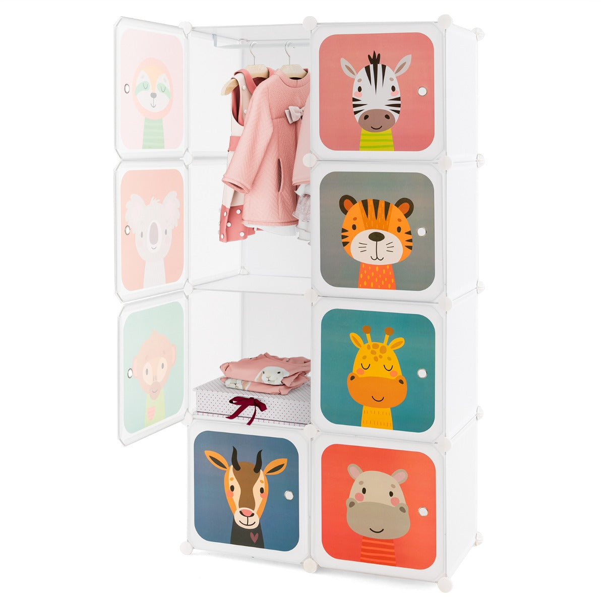 Armário Modular Infantil Portátil de 8 Cubos com Desenhos Animados Organizador de Armazenamento para Brinquedos 75 x 35 x 145 cm Branco