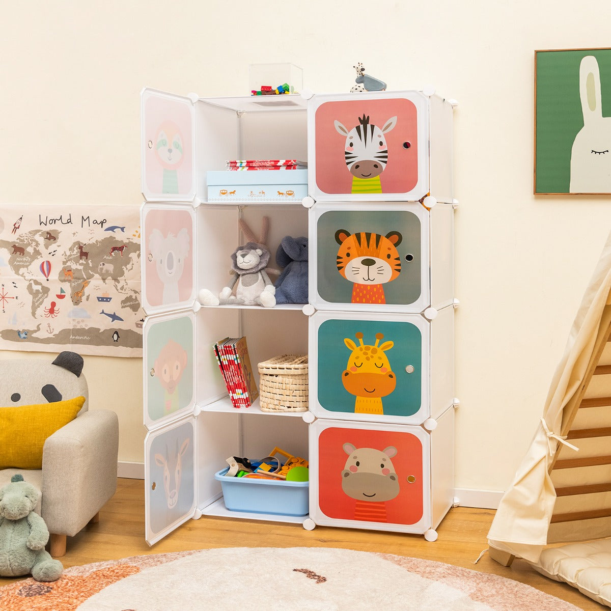 Armário Modular Infantil Portátil de 8 Cubos com Desenhos Animados Organizador de Armazenamento para Brinquedos 75 x 35 x 145 cm Branco