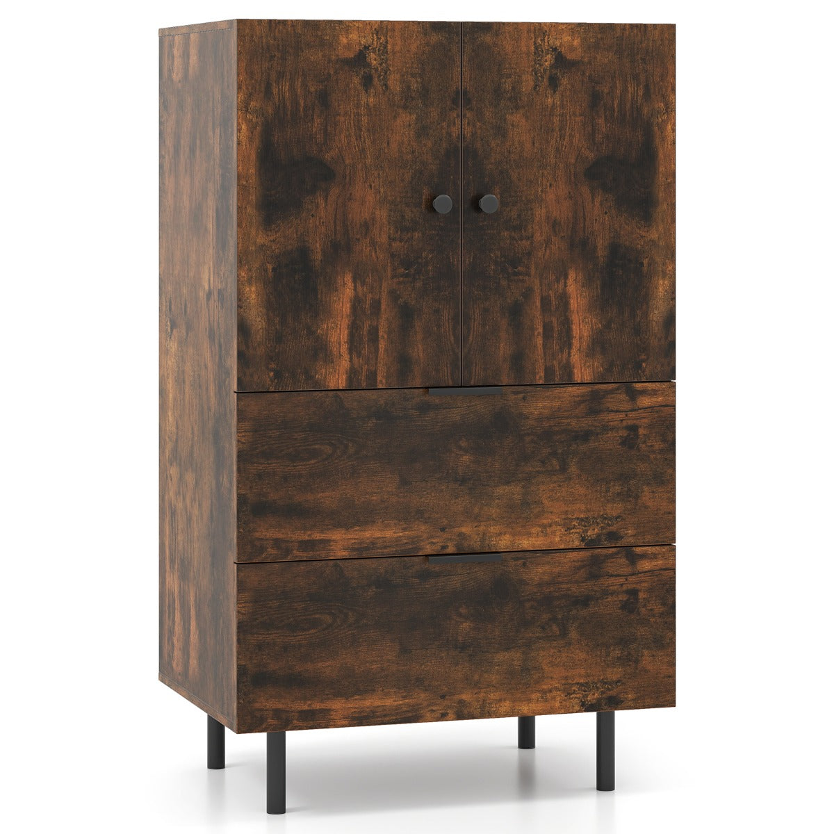 Aparador com 2 Gavetas e Porta Armário Unidade de Arrumação Independente com Pernas Metálicas Elevadas 60 x 41,5 x 102 cm Castanho