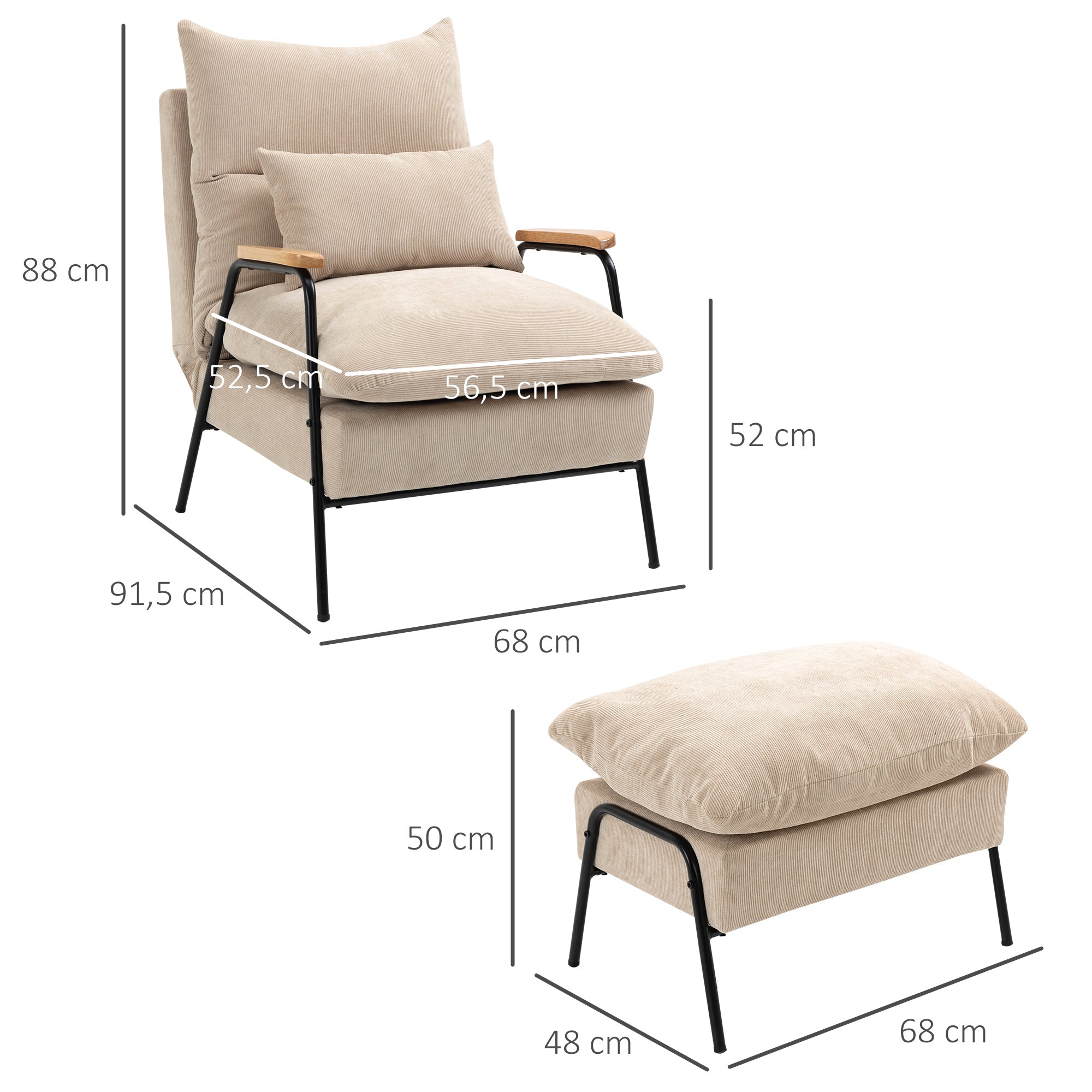 Poltrona Relax – 68x91,5x88 cm – Bege – Tecido veludo cotelê