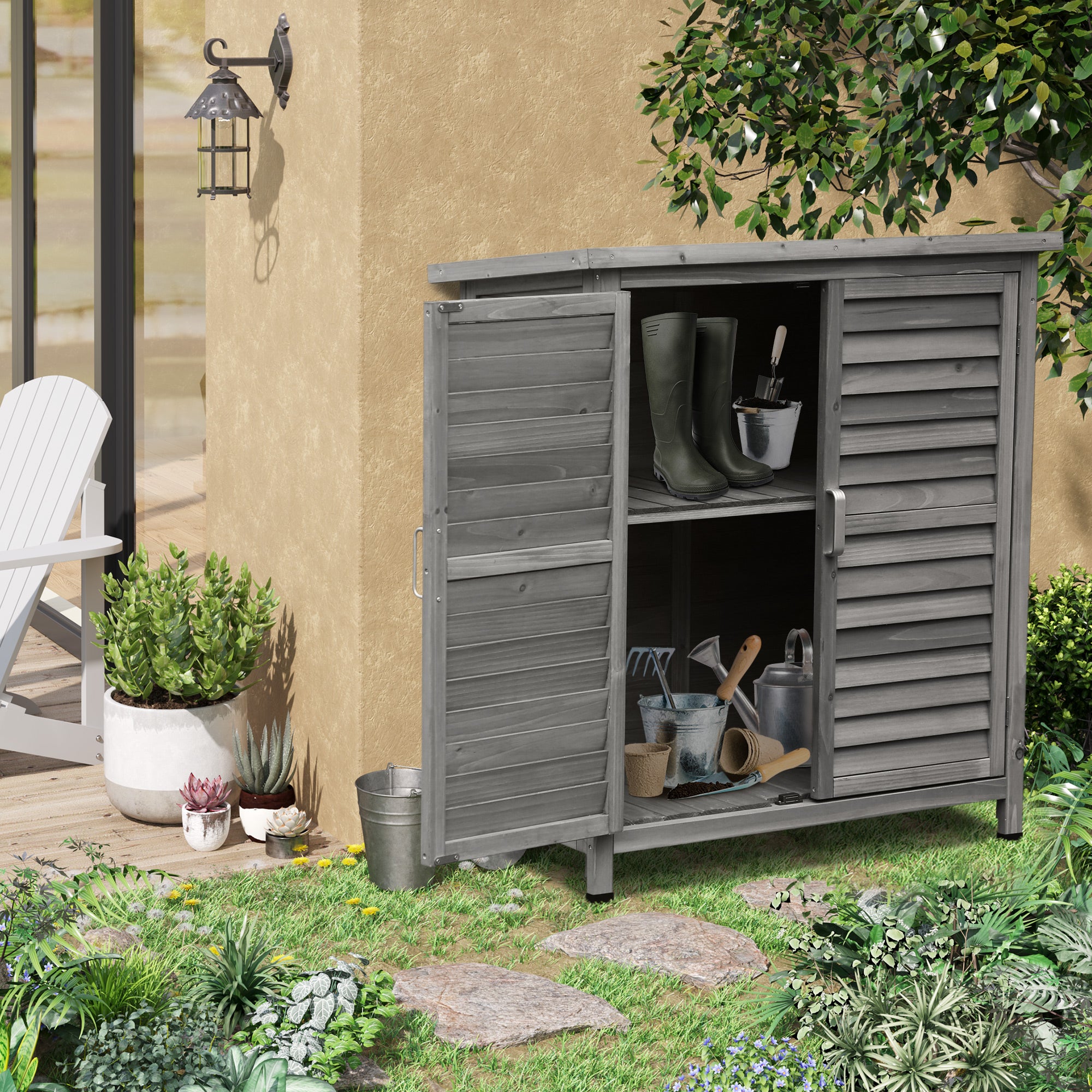 Armário de Jardim com 2 Prateleiras Cinza 87x46.5x96.5 cm