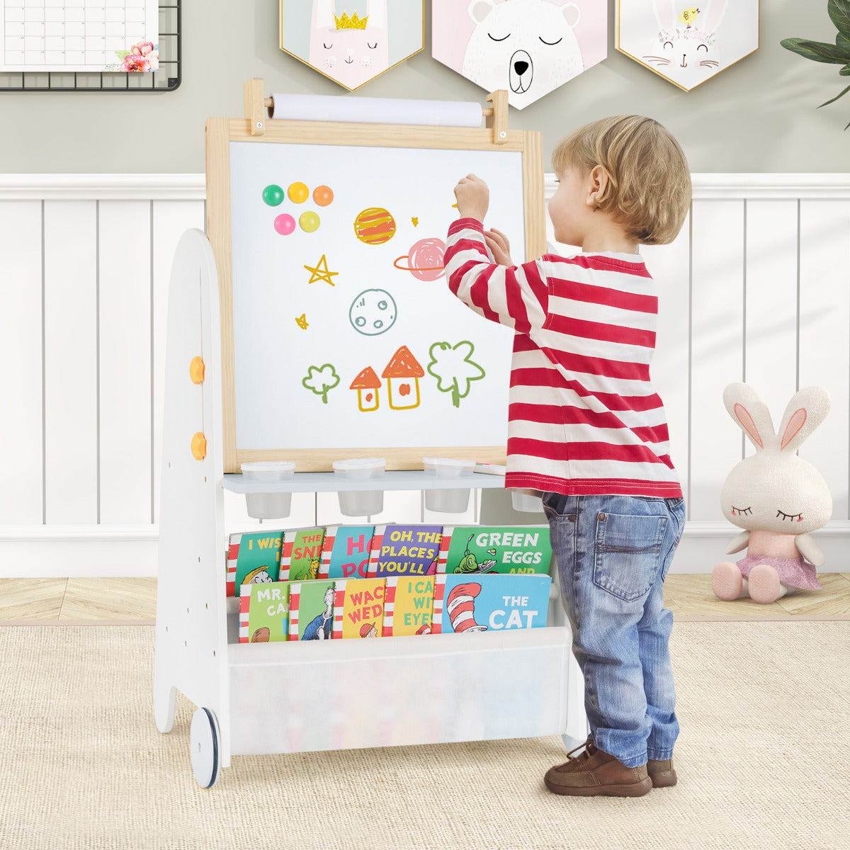 Caballete Artístico para Crianças com Banquinho Jogo de Mesa de Atividades 4 em 1 com Quadro Magnético Quadro Negro Prateleiras Rolo de Papel