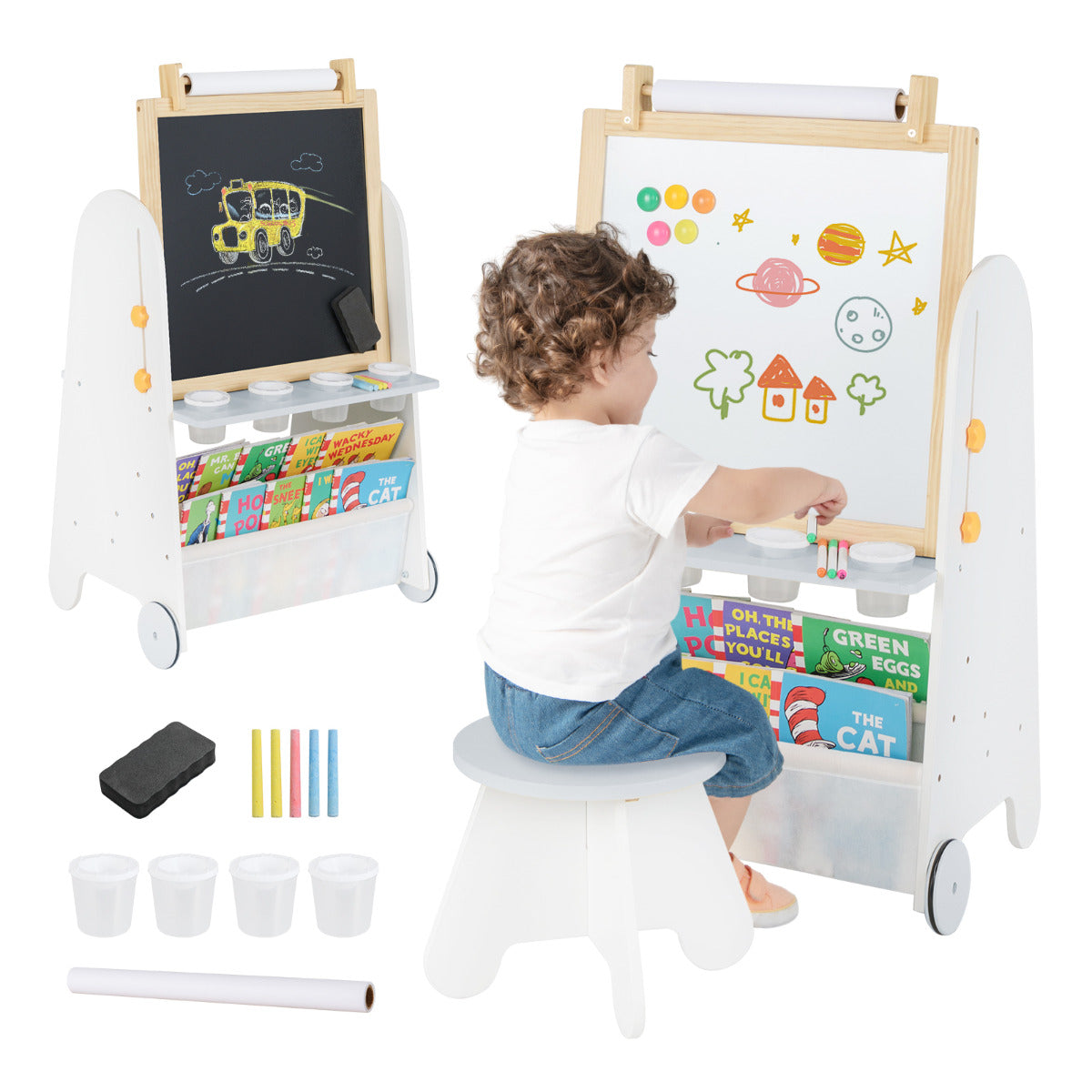 Caballete Artístico para Crianças com Banquinho Jogo de Mesa de Atividades 4 em 1 com Quadro Magnético Quadro Negro Prateleiras Rolo de Papel
