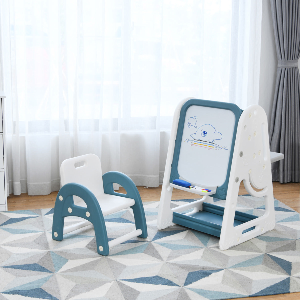 Caballete para Pintura 2 em 1 para Crianças Quadro de Dupla Face e Estante com Cadeira e Superfície Dobrável Azul 62,5 x 53 x 71-100 cm