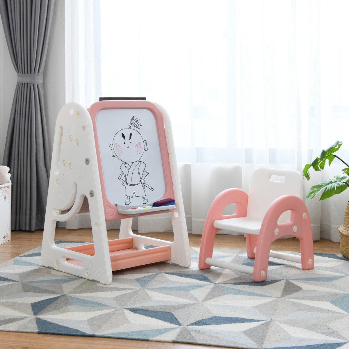 Caballete 2 em 1 para Pintar para Crianças Pizarra de Dupla Face e Estante com Cadeira e Superfície Dobrável 62,5 x 53 x 71-100 cm
