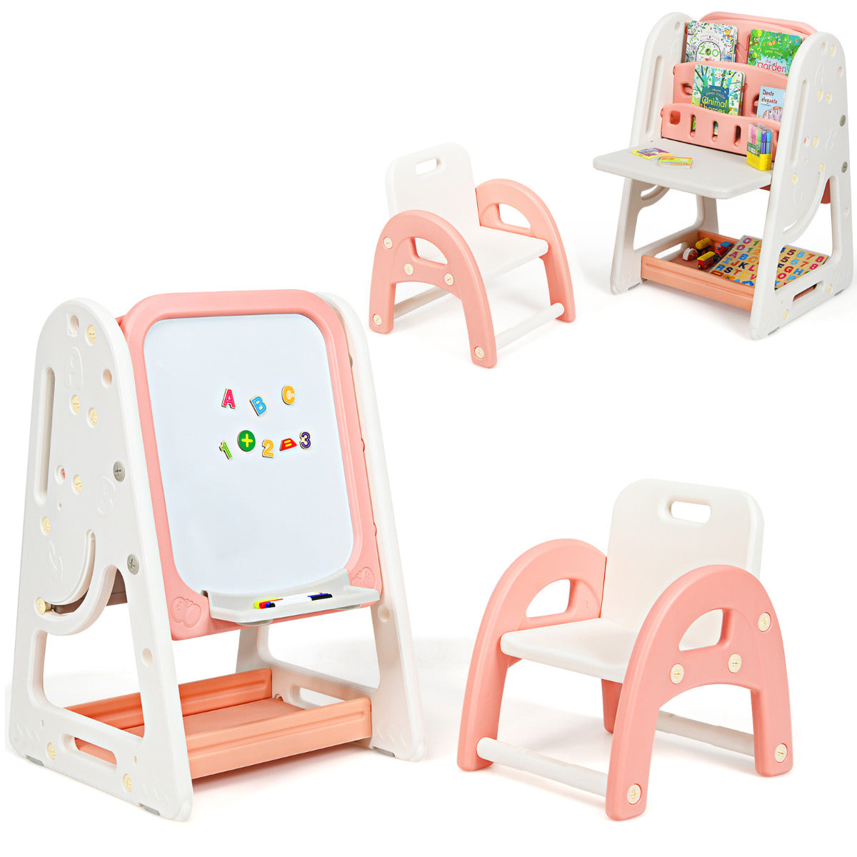 Caballete 2 em 1 para Pintar para Crianças Pizarra de Dupla Face e Estante com Cadeira e Superfície Dobrável 62,5 x 53 x 71-100 cm