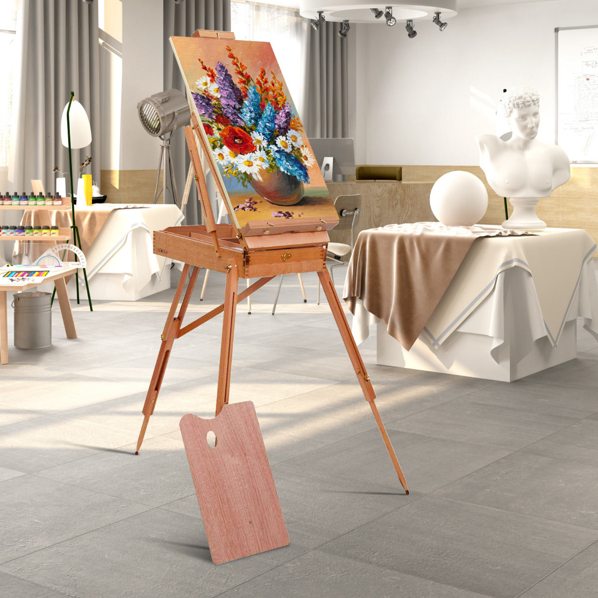 Cavalete de Madeira de Faia Dobrável e Portátil Ajustável em Altura com Prateleira Gaveta Cavalete de Artista de Chão para Telas