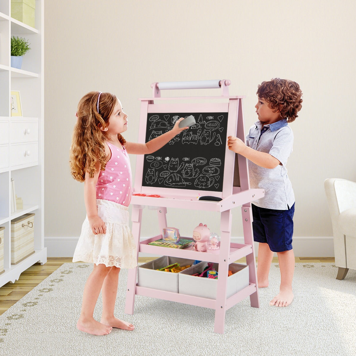 Caballete Infantil de Dupla Face 3 em 1 com 2 Prateleiras, 2 Caixas e Tabuleiro Amplo 59 x 50 x 117 cm - Cor-de-rosa