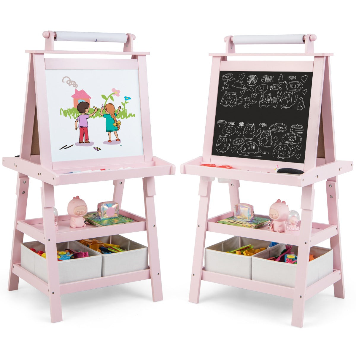 Caballete Infantil de Dupla Face 3 em 1 com 2 Prateleiras, 2 Caixas e Tabuleiro Amplo 59 x 50 x 117 cm - Cor-de-rosa
