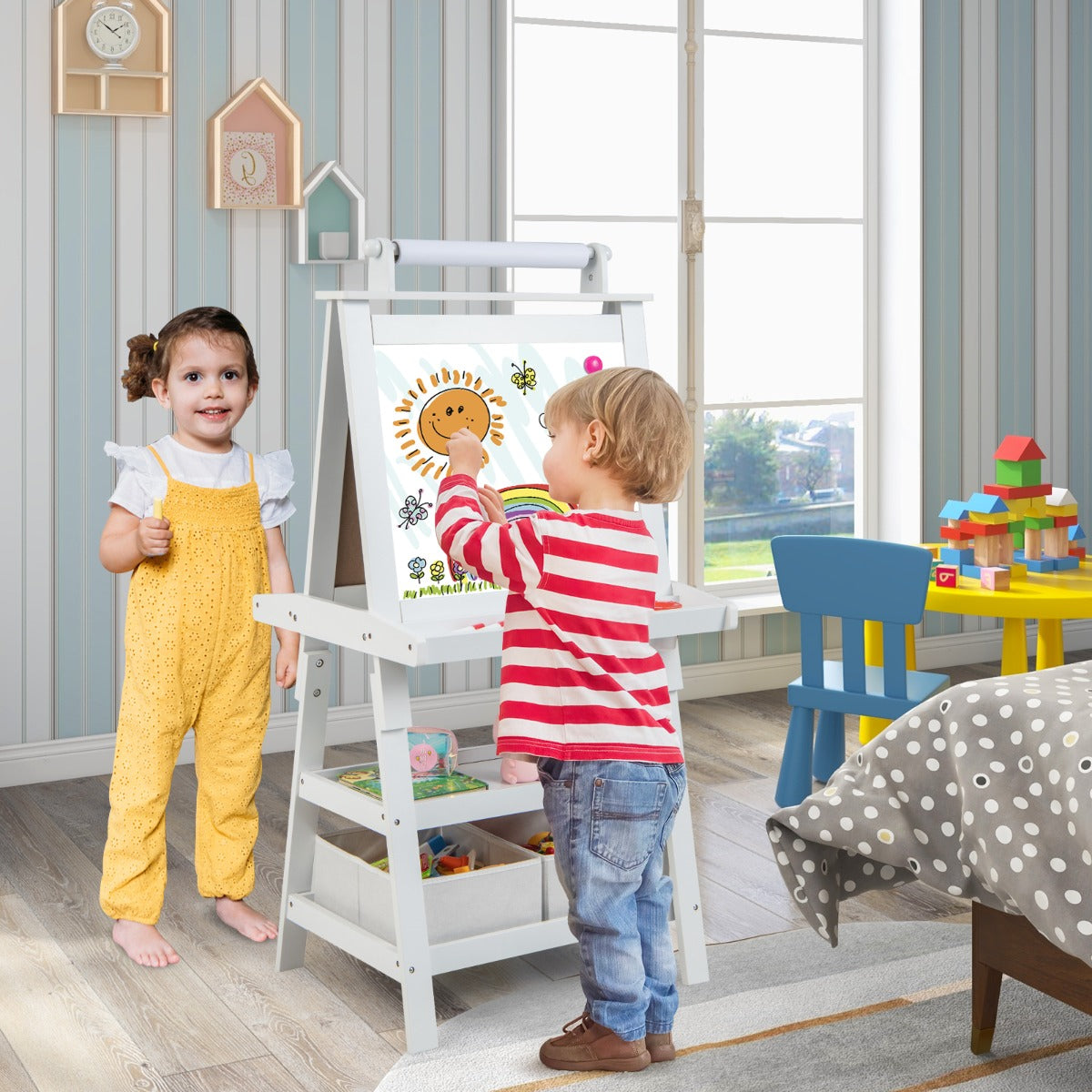 Caballete para Crianças de Dupla Face 3 em 1 com 2 Prateleiras 2 Caixas e Tabuleiro Amplo 59 x 50 x 117 cm - Branco
