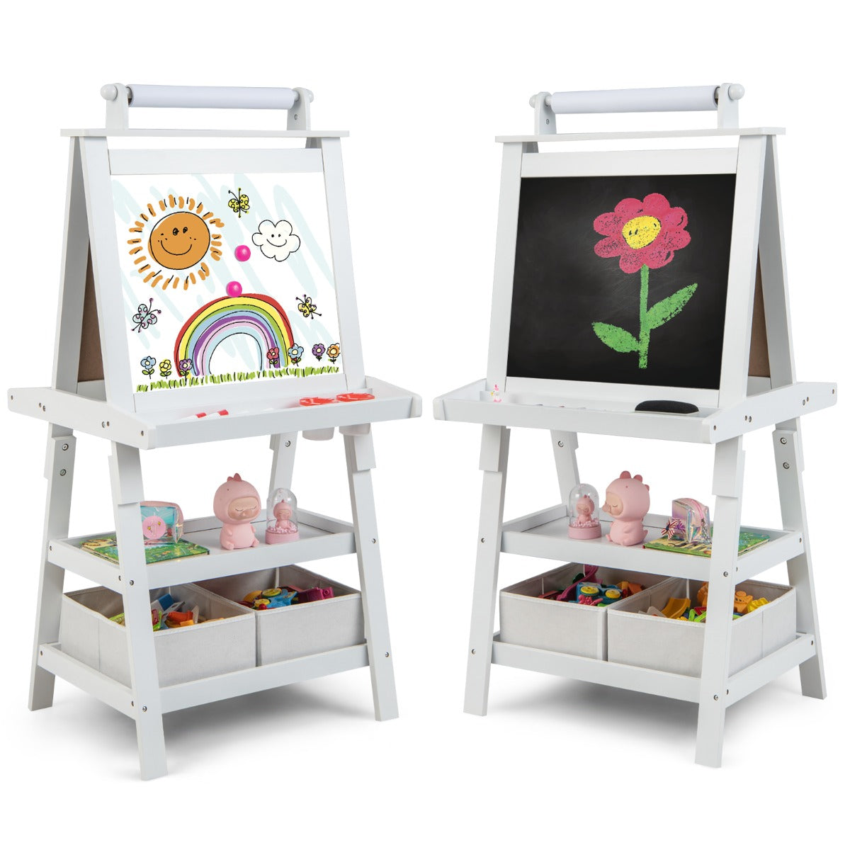 Caballete para Crianças de Dupla Face 3 em 1 com 2 Prateleiras 2 Caixas e Tabuleiro Amplo 59 x 50 x 117 cm - Branco