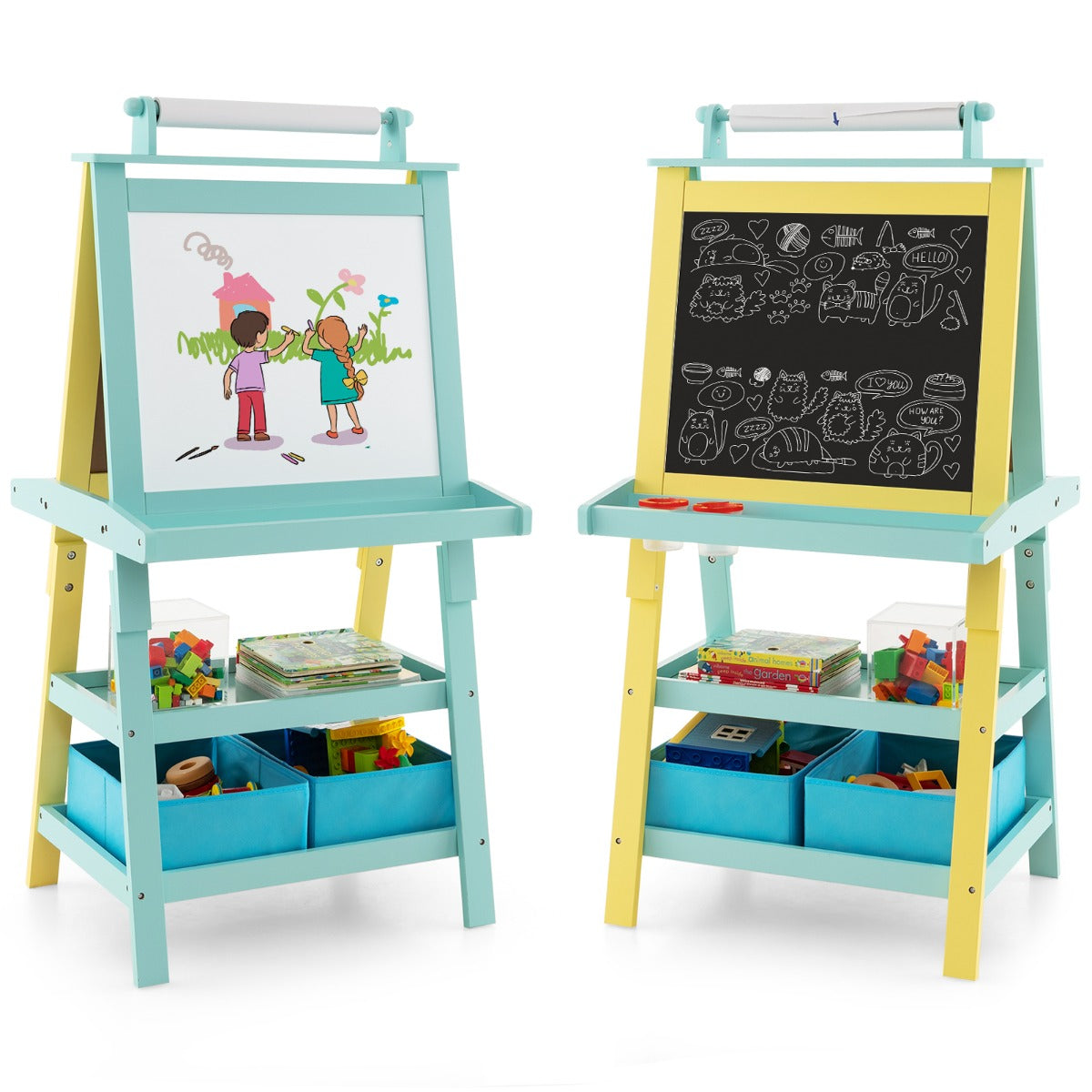Caballete para Crianças de Dupla Face 3 em 1 com 2 Prateleiras 2 Caixas e Tabuleiro Amplo 59 x 50 x 117 cm - Azul Claro