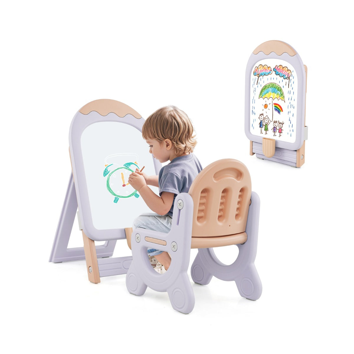Caballete de Arte Plegável Ajustável em Altura com Cadeira Marcadores Brinquedos Magnéticos para Crianças Maiores de 1 Ano Roxo