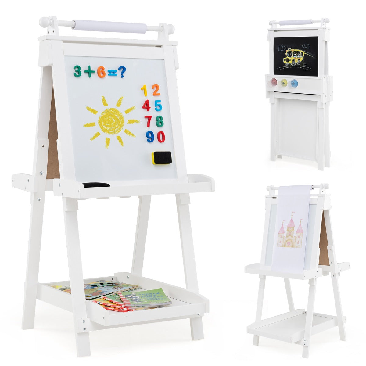 Caballete de Arte Dobrável de Dupla Face 3 em 1 com Ardósia e Rolo de Papel Substituível 3 Copos Bandejas para Crianças com Mais de 3 Anos Branco