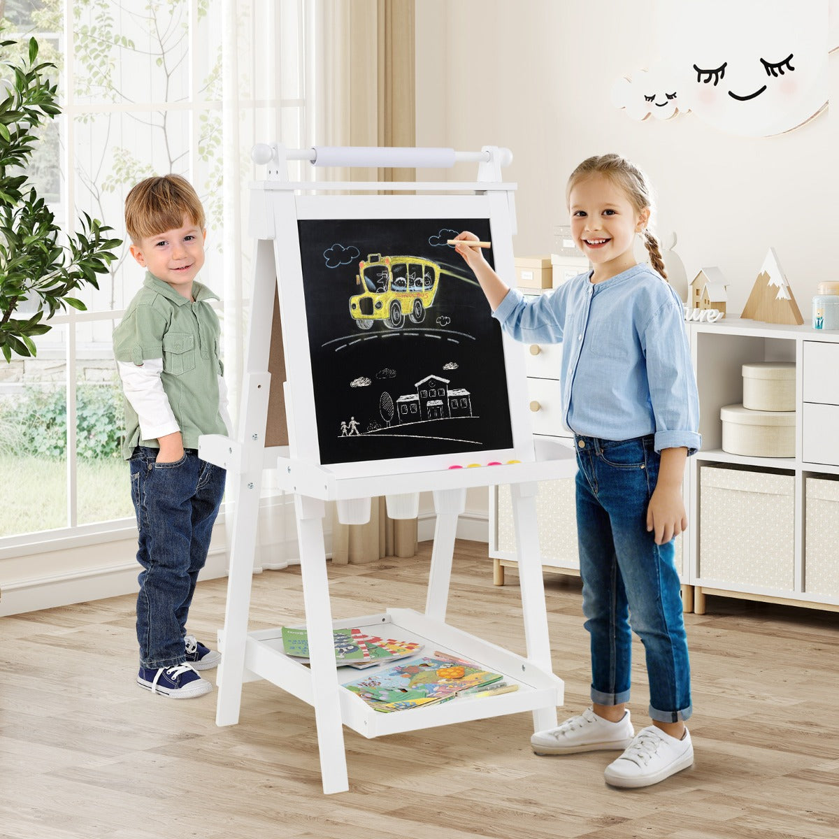 Caballete de Arte Dobrável de Dupla Face 3 em 1 com Ardósia e Rolo de Papel Substituível 3 Copos Bandejas para Crianças com Mais de 3 Anos Branco