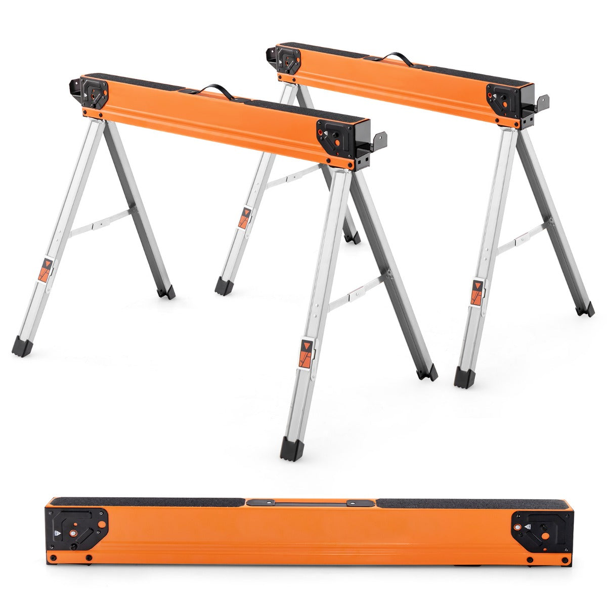 Conjunto de Cavalete de Serra Portátil em Metal de Alta Resistência com Pinos Dobráveis e Braços de Suporte 2 x 4 Carga de 500 kg Laranja