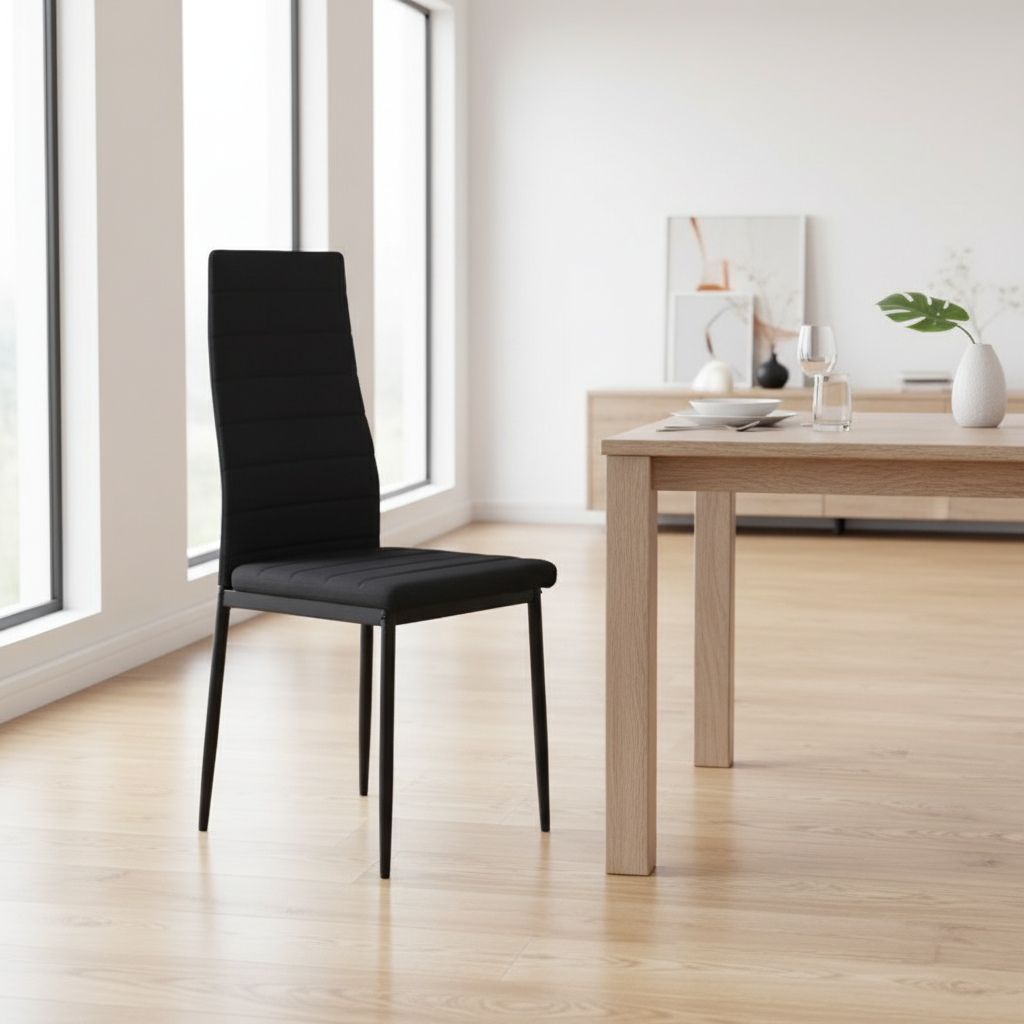 Cadeira preta em linho com detalhes em destaque