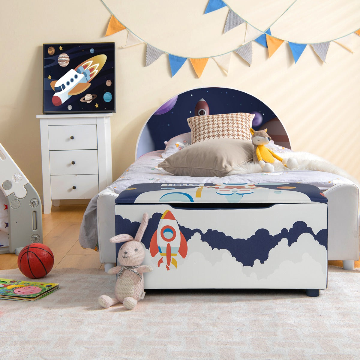 Baú de Brinquedos Estofado Organizador Infantil com Tampa Removível 75 x 36 x 38 cm Azul e Branco