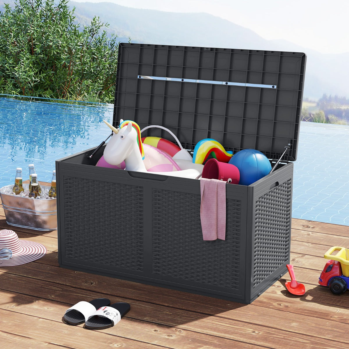 Caja de Armazenamento em Resina 380 L Contêiner com Rodas Tampa Bloqueável para Exterior 111 x 56 x 61 cm - Cinzento