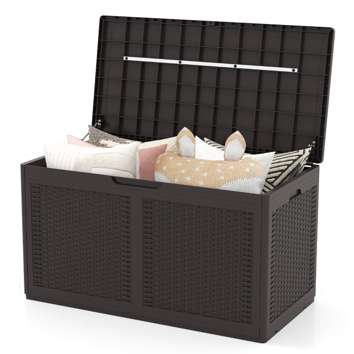 Cofre de Armazenamento em Resina 380 L Contentor com Rodas Tampa Bloqueável para Exterior 111 x 56 x 61 cm-Castanho