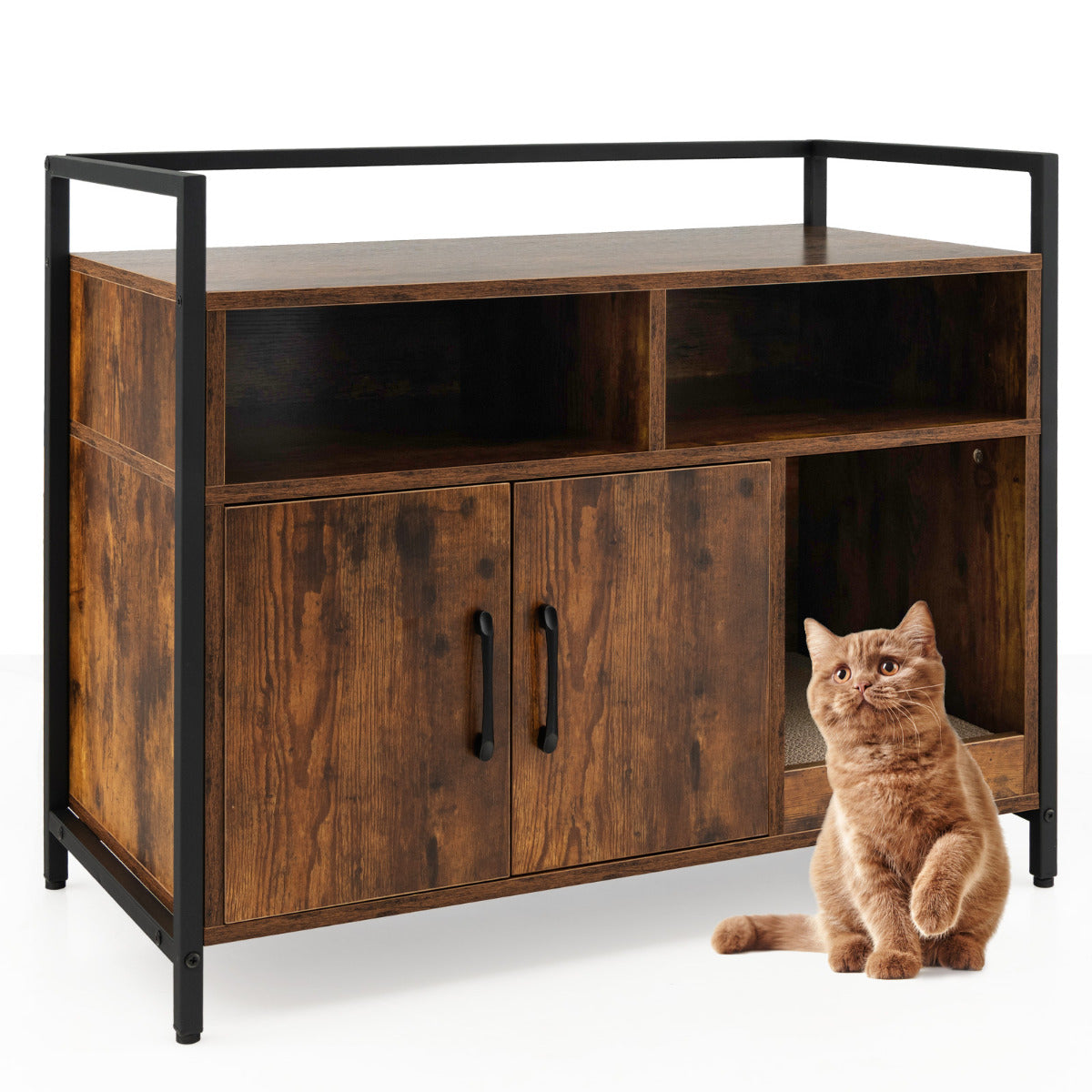 Cama de Areia para Gato Móvel com Portas em Cartão para Arranhões WC Armário para Animais de Estimação com Prateleira 89 x 45 x 74,5 cm Café