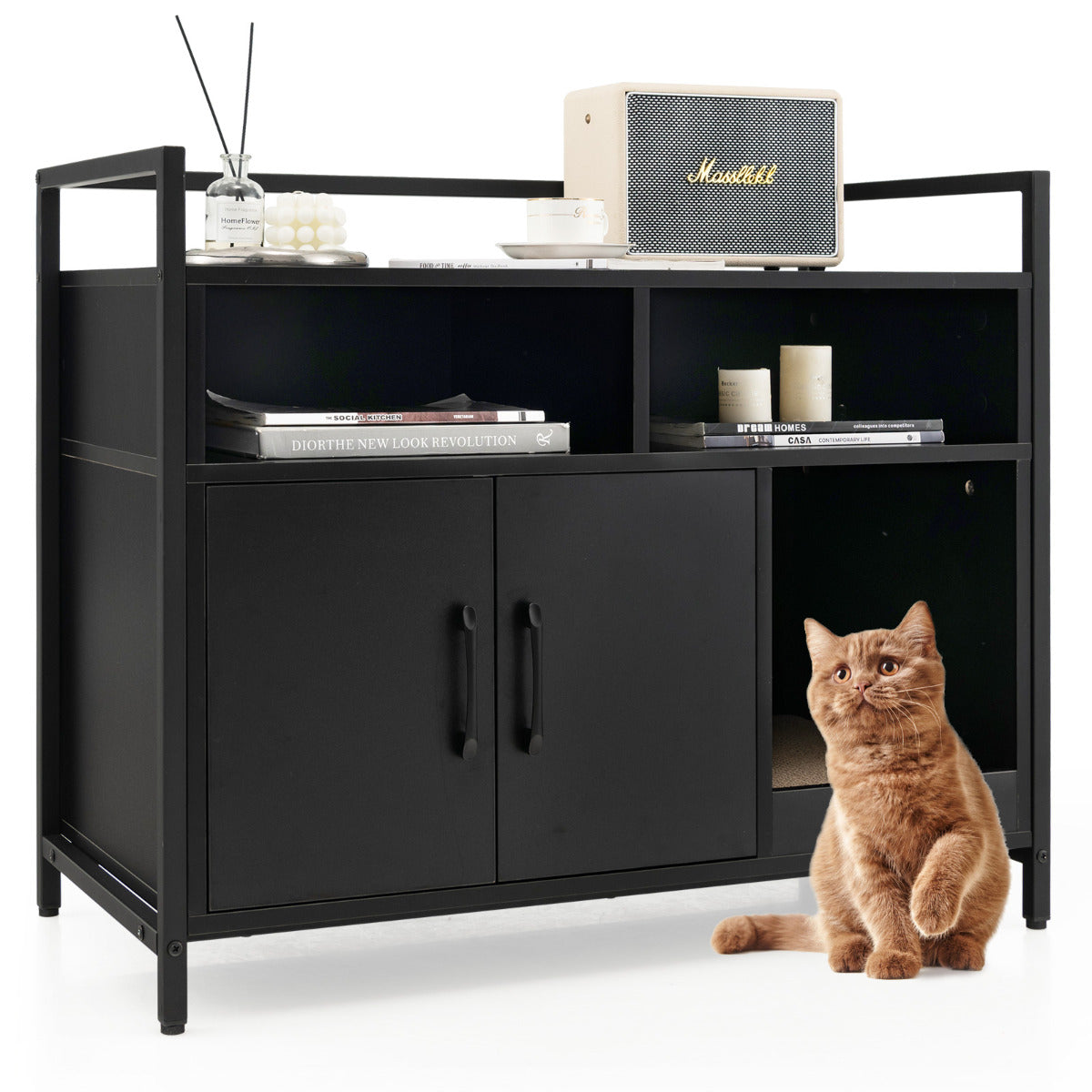 Caixa de Areia para Gato Lavatório Oculto com Portas em Cartão para Arranhões Higiene Armário para Animais de Estimação com Prateleira 89 x 45 x 74,5 cm Preto