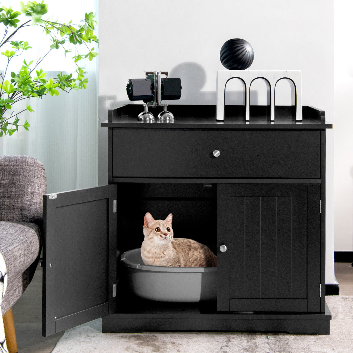 Caixa de Areia para Gatos Casa para Gatinhos com Caixa 2 Portas Móvel de Cabeceira Sanita Mesa Auxiliar 76 x 53 x 74 cm Preto