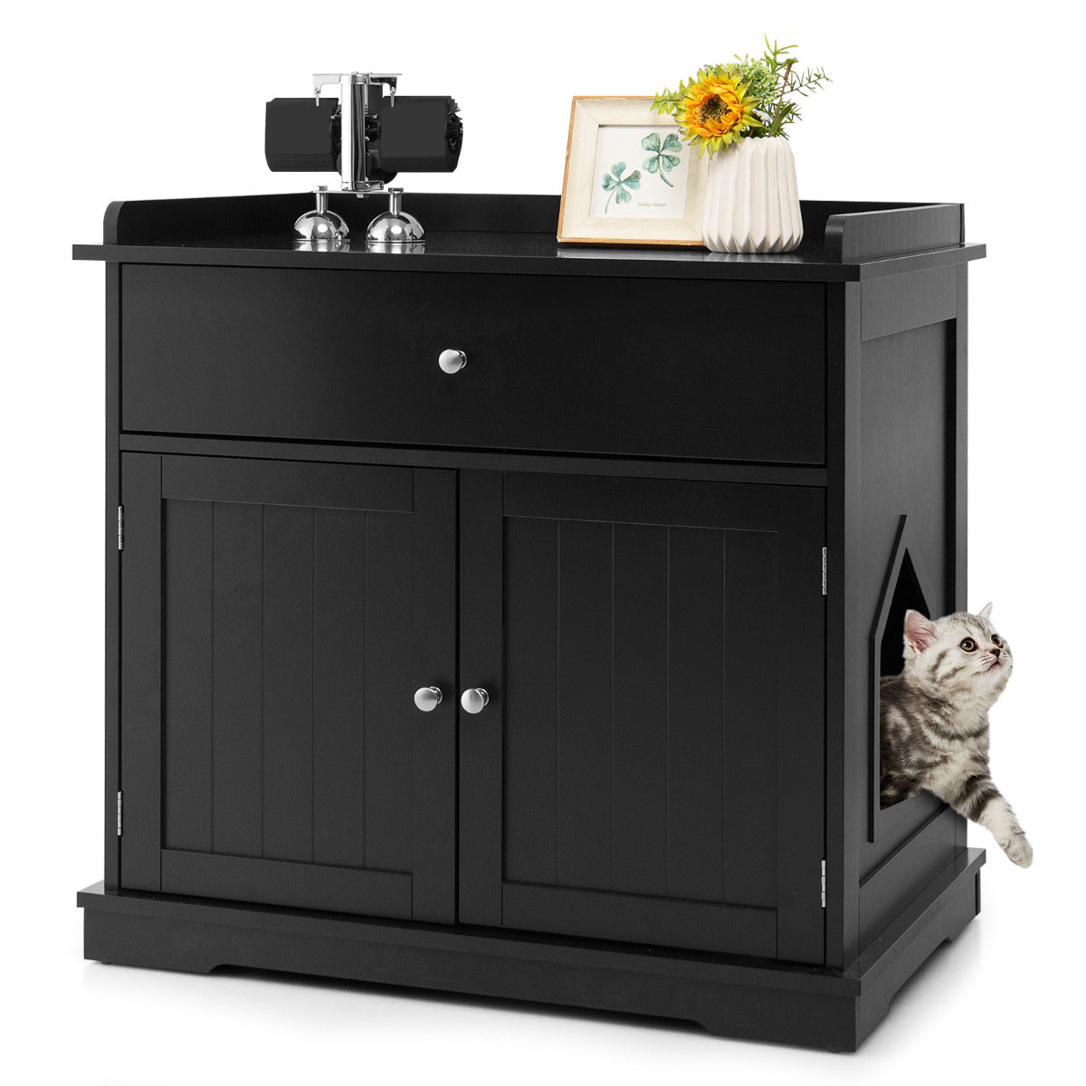 Caixa de Areia para Gatos Casa para Gatinhos com Caixa 2 Portas Móvel de Cabeceira Sanita Mesa Auxiliar 76 x 53 x 74 cm Preto