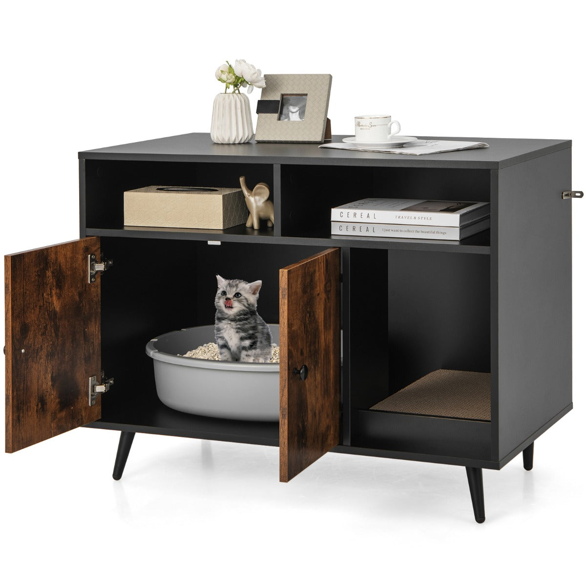 Móvel para Gatos com Tábua para Arranhar e 2 Estantes de Armazenamento 90 x 50 x 70 cm Preto e Castanho