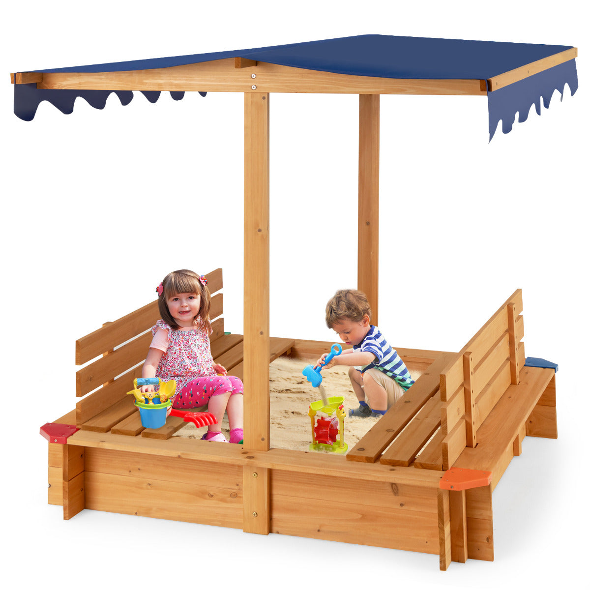 Arenero de Madeira para Crianças com Toldo e 2 Bancos Conversíveis - Ideal para Jardim e Praia