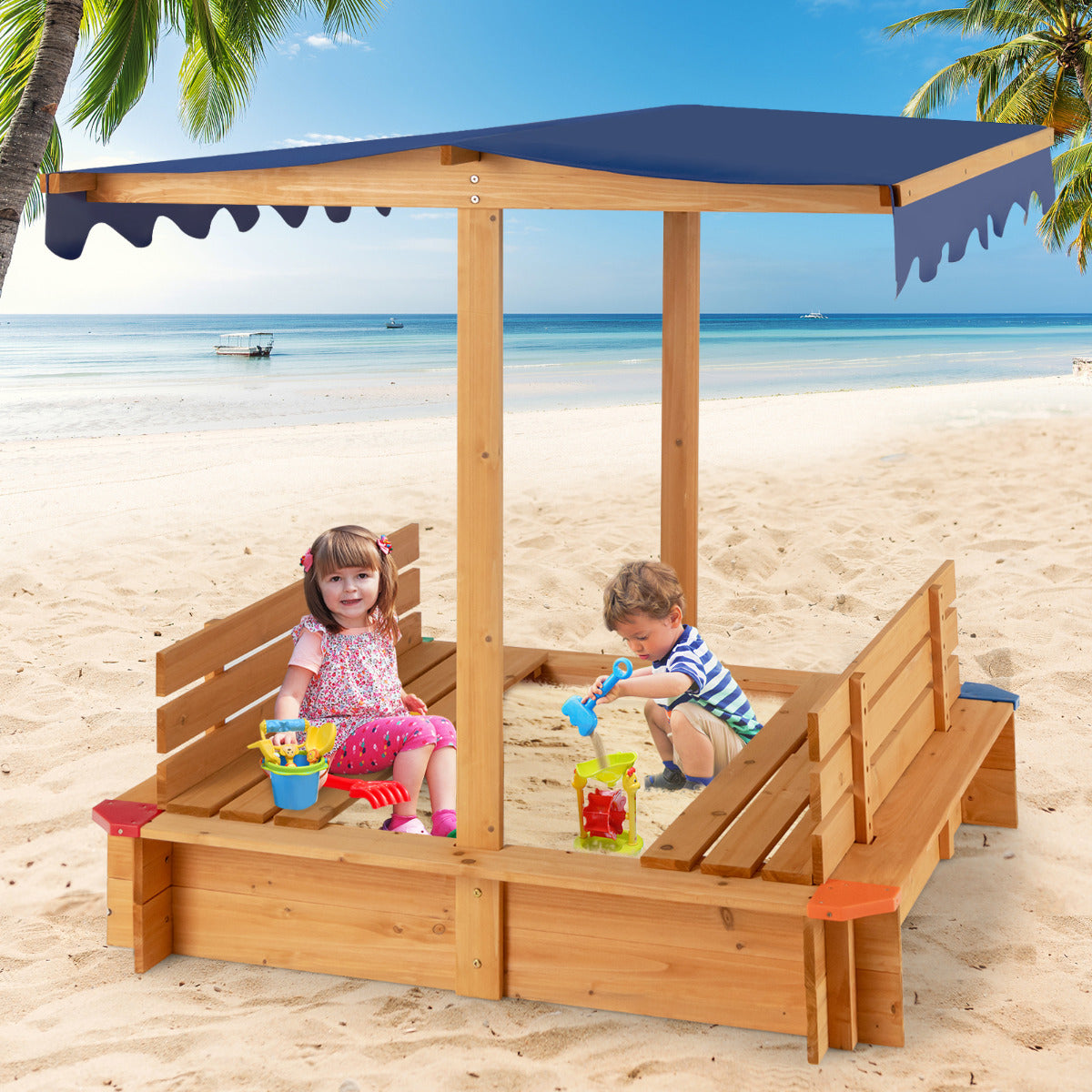 Arenero de Madeira para Crianças com Toldo e 2 Bancos Conversíveis - Ideal para Jardim e Praia