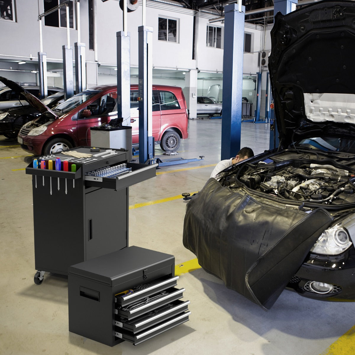 Carrinho de Ferramentas Desmontável para Garagem com Rodas Bloqueáveis Prateleira Ajustável e Forro Antiderrapante 59 x 28 x 102 cm - Preto