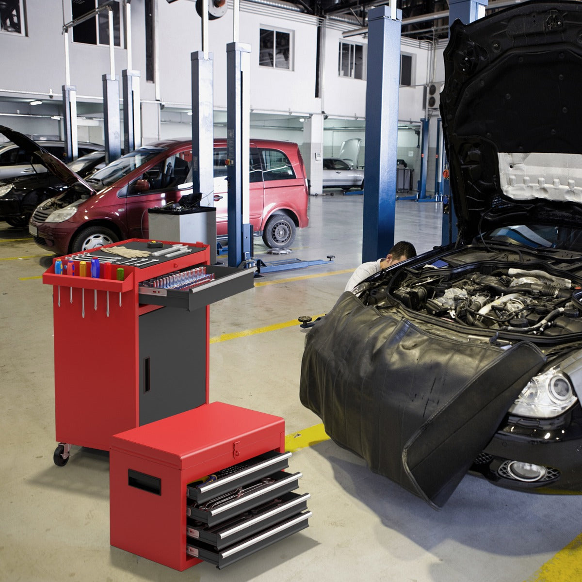 Carrinho de Ferramentas Desmontável para Garagem com Rodas Bloqueáveis Estante Ajustável e Forro Antideslizante 59 x 28 x 102 cm - Vermelho + Preto