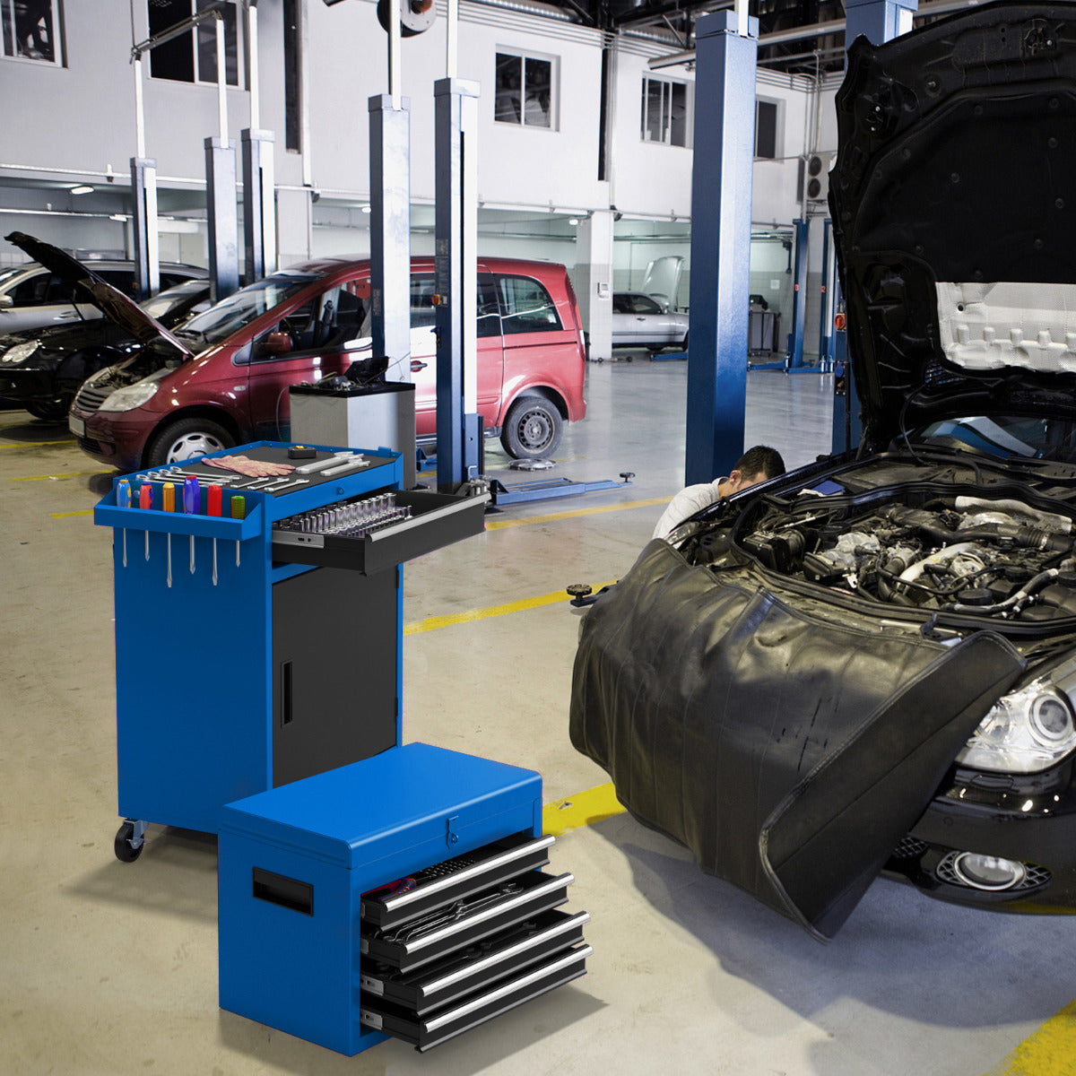 Caja de Ferramentas Desmontável para Garagem com Rodas Bloqueáveis Estante Ajustável e Forro Antiderrapante 59 x 28 x 102 cm Azul