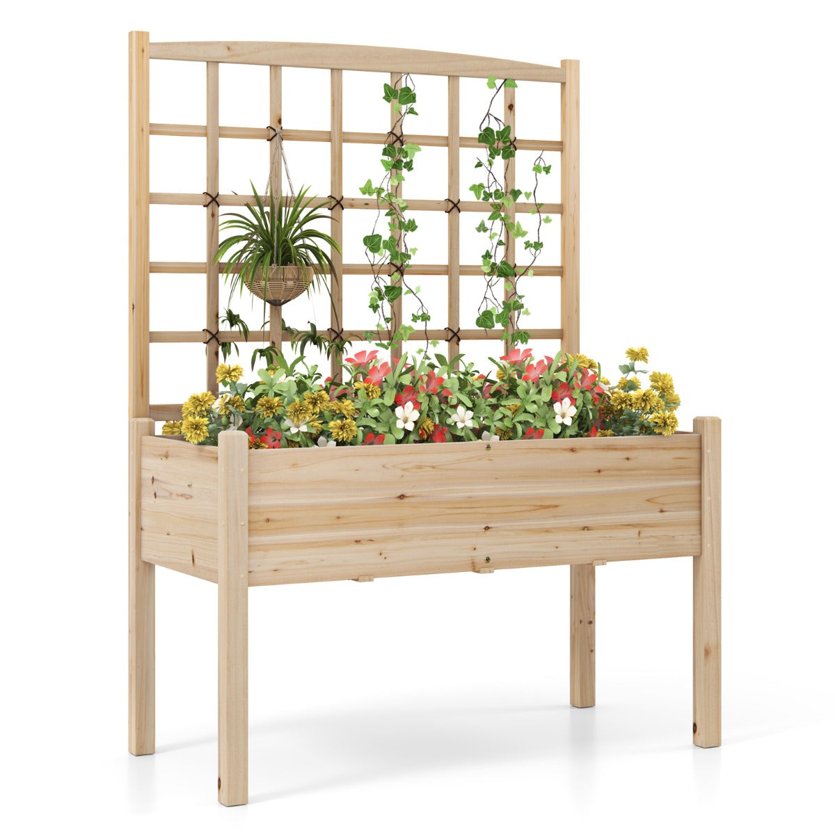 Canteiro Elevado para Jardim com Treliça Furos de Drenagem Vaso para Pátio e Varanda Exterior 119 x 60 x 160 cm Natural