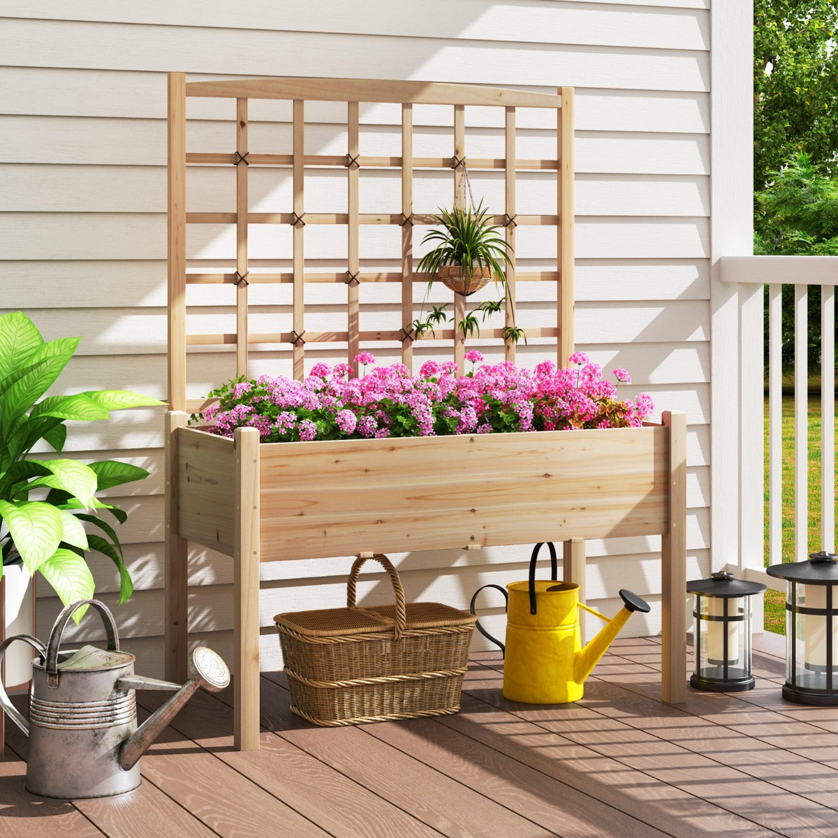 Canteiro Elevado para Jardim com Treliça Furos de Drenagem Vaso para Pátio e Varanda Exterior 119 x 60 x 160 cm Natural