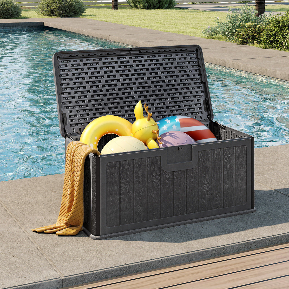 Banco de Armazenamento de Resina de 378L para Jardim/Terraço Interior e Exterior com Tampa com Fechadura Impermeável Cinza