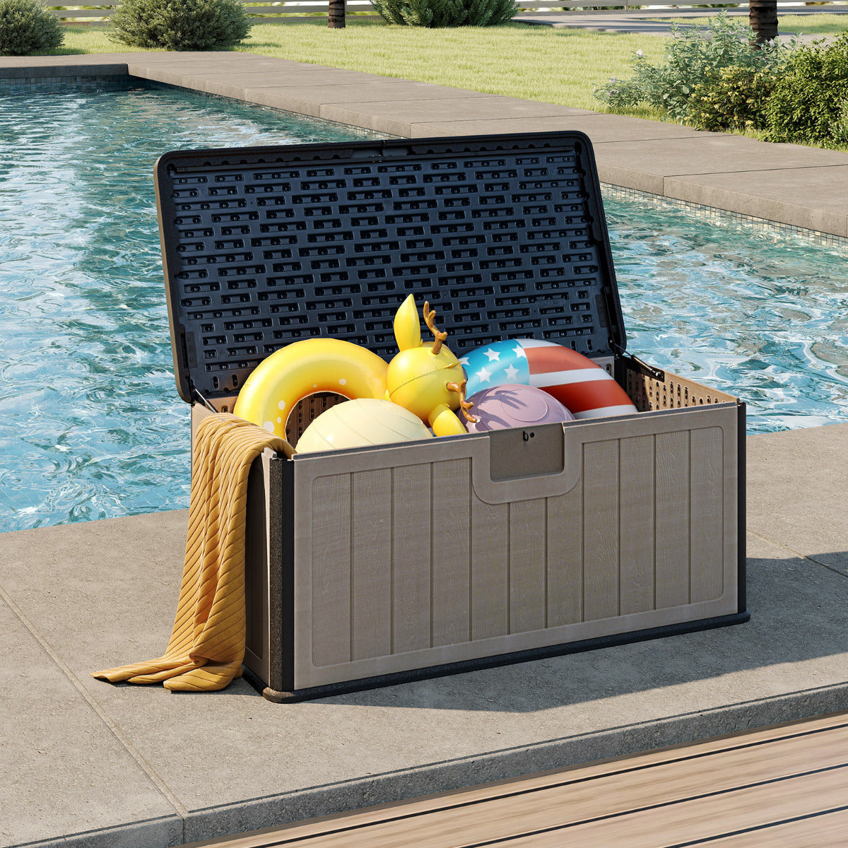 Baú Grande para Terraço Banco de Armazenamento de Resina Interior e Exterior 378L com Tampa com Fechadura Contêiner Impermeável Pátio Castanho+Preto