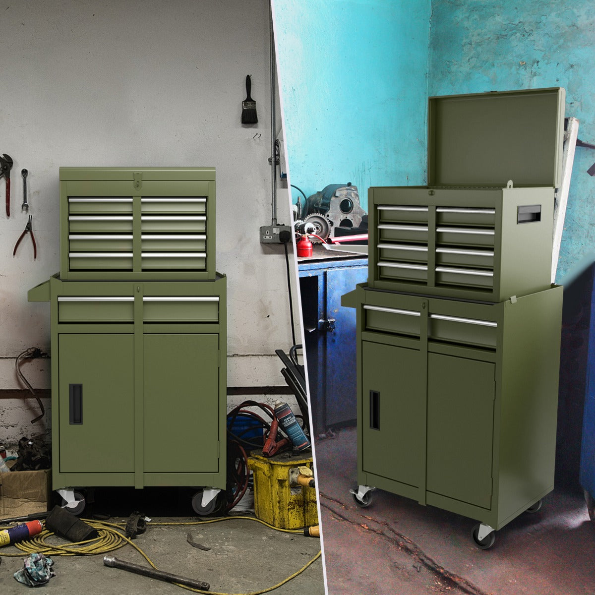 Caja para Ferramentas com 5 Gavetas e Armário de Grande Capacidade com Rodas Bloqueáveis e Prateleira para Garagem Verde