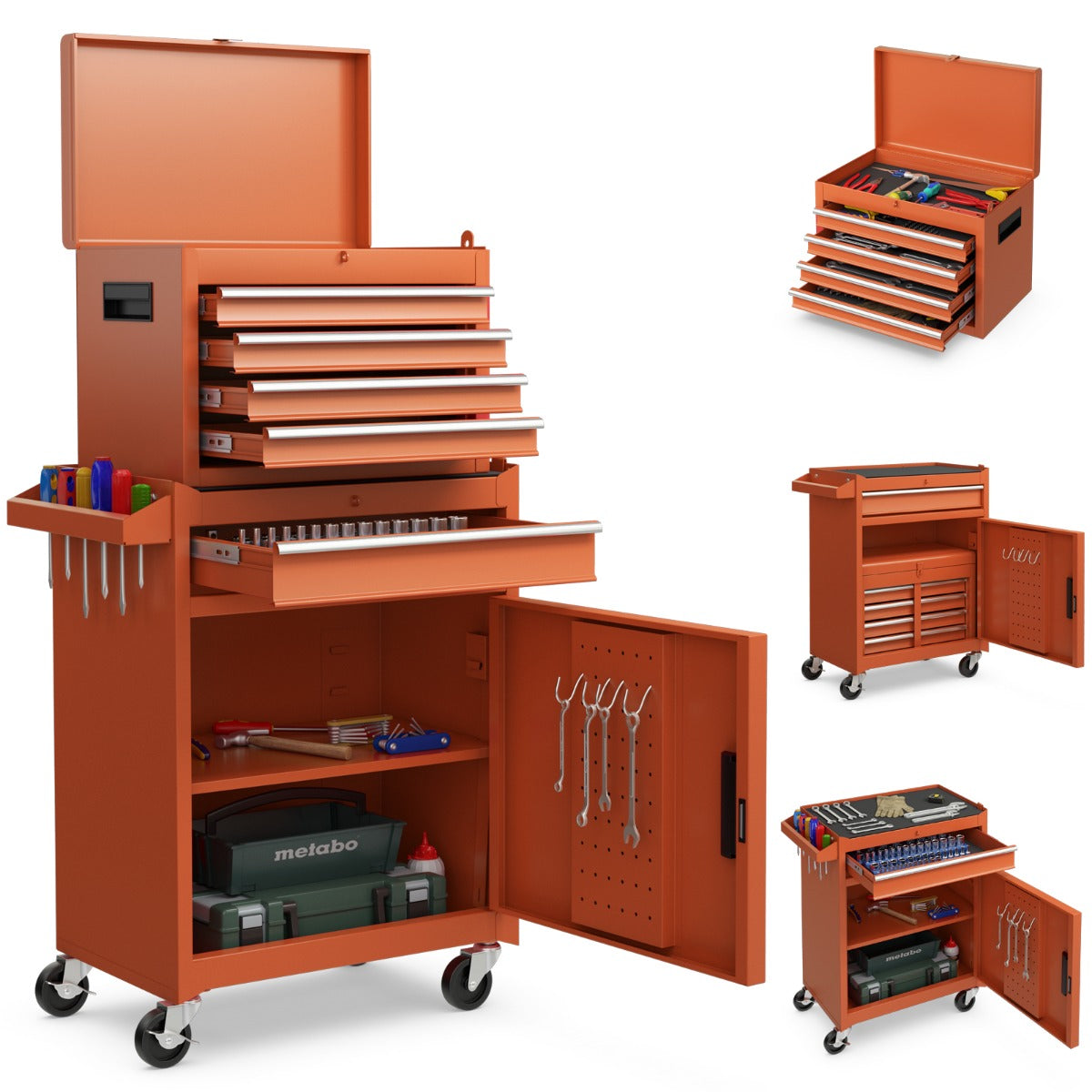 Caja para Ferramentas de 5 Gavetas com Rodas Bloqueáveis Prateleira Ajustável Caixa para Garagem 59 x 28 x 102 cm Laranja